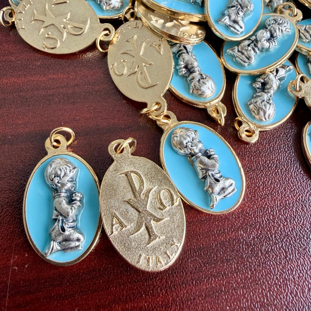 60 Charms, Light Blue Boy Two-Tone Communion Medals, Made in Italy,  Size 1" - Picture 2 of 4